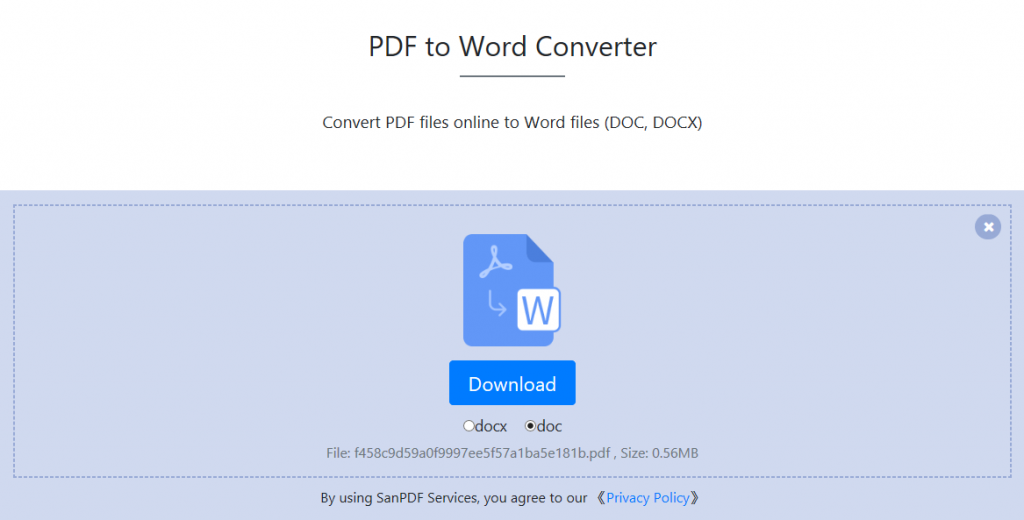 Comment convertir des fichiers PDF en fichiers Word (DOC, DOCX) avec Sanpdf? Outil de