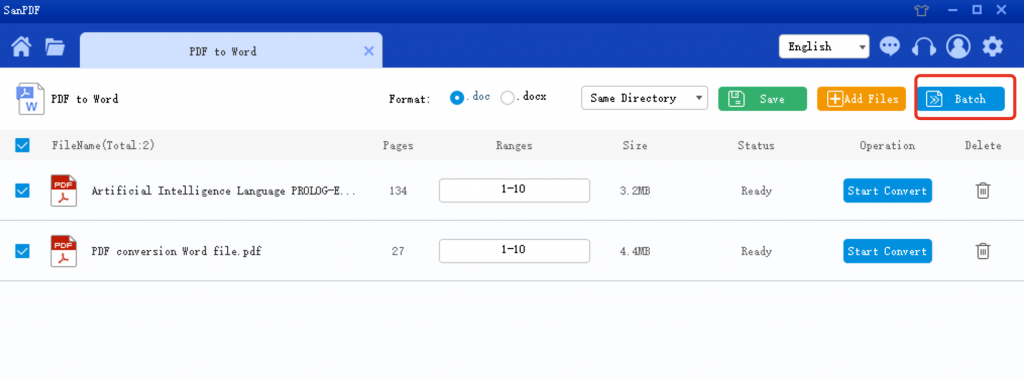 SanPDF to Word Start or Batch Convert method.