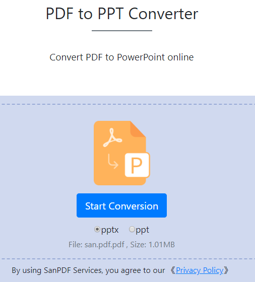 Click “Start Conversion” in the figure below to start converting to SAN PDF file.