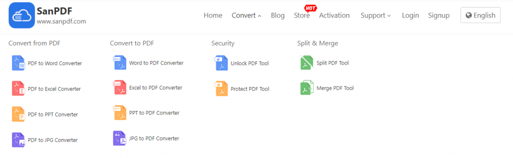 Click on "Convert" in the navigation bar to see the various functions of the converter. Click on "SAN PDF to MICROSOFT OFFICE POWERPOINT Converter".