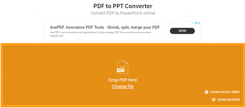 Click on "Drop SAN PDF here Choose file" in the figure below to select the file you want to convert.